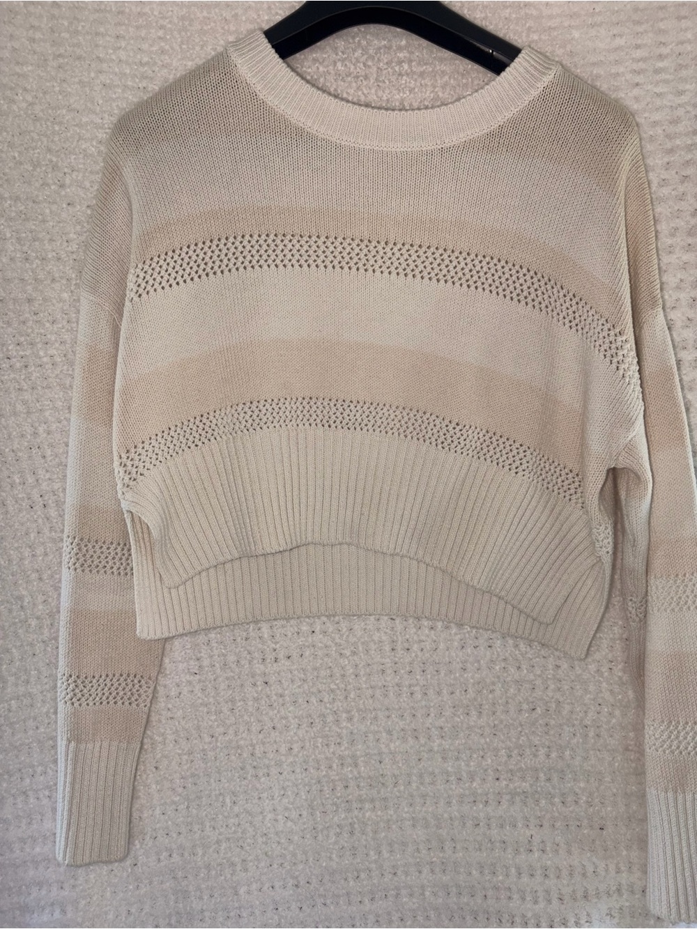 Cropped Crewneck Open-Knit Sweater - Cream